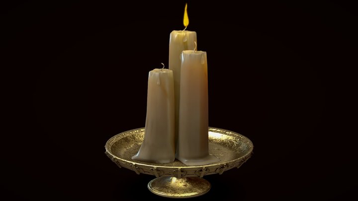 Three candles and a golden candlestick 3D Model